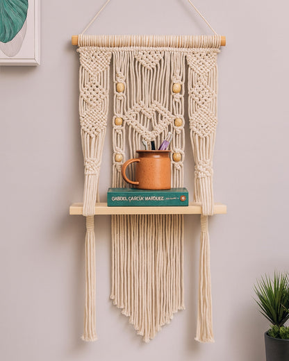 Homesake® Beige Hand Woven Macrame Wall Hanging Shelf-Plank, Boho Cotton Wall Décor for Plants, Candles & Display, Ideal for Living Room, Bedroom, Balcony & Modern Home Styling