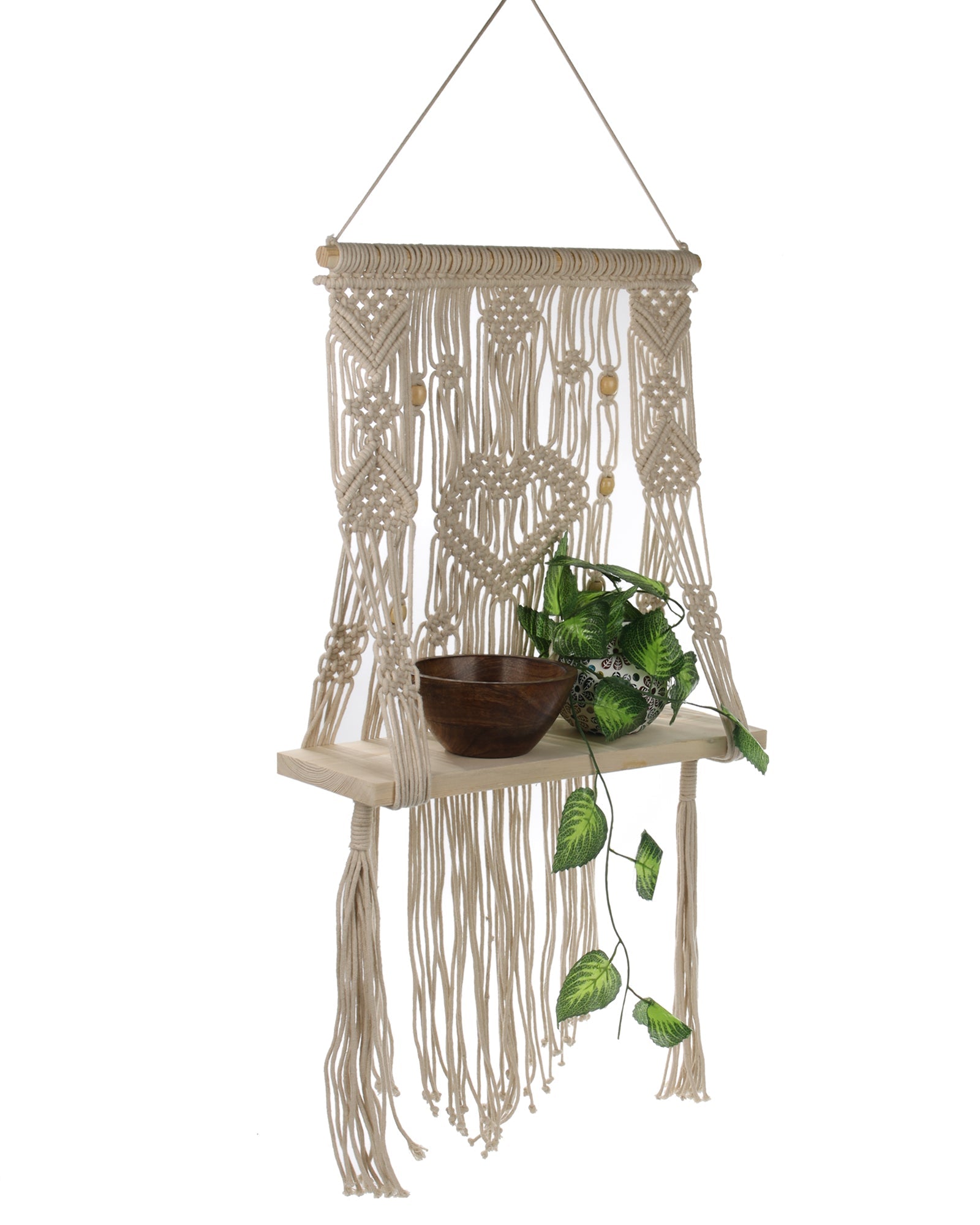 Homesake® Beige Hand Woven Macrame Wall Hanging Shelf-Plank, Boho Cotton Wall Décor for Plants, Candles & Display, Ideal for Living Room, Bedroom, Balcony & Modern Home Styling