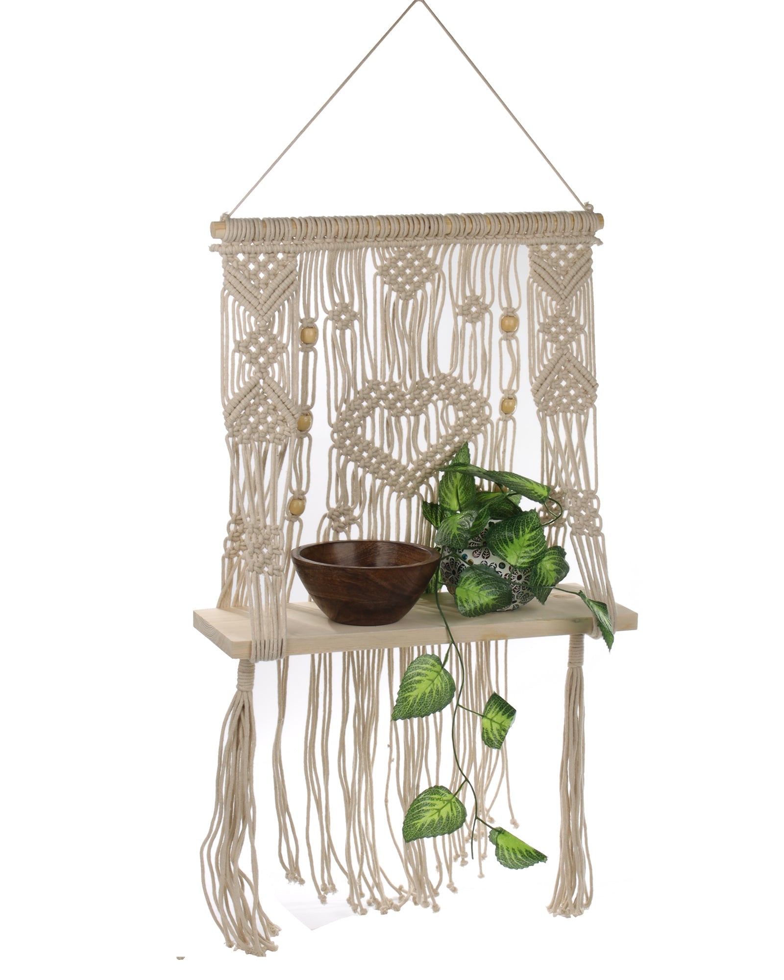 Homesake® Beige Hand Woven Macrame Wall Hanging Shelf-Plank, Boho Cotton Wall Décor for Plants, Candles & Display, Ideal for Living Room, Bedroom, Balcony & Modern Home Styling