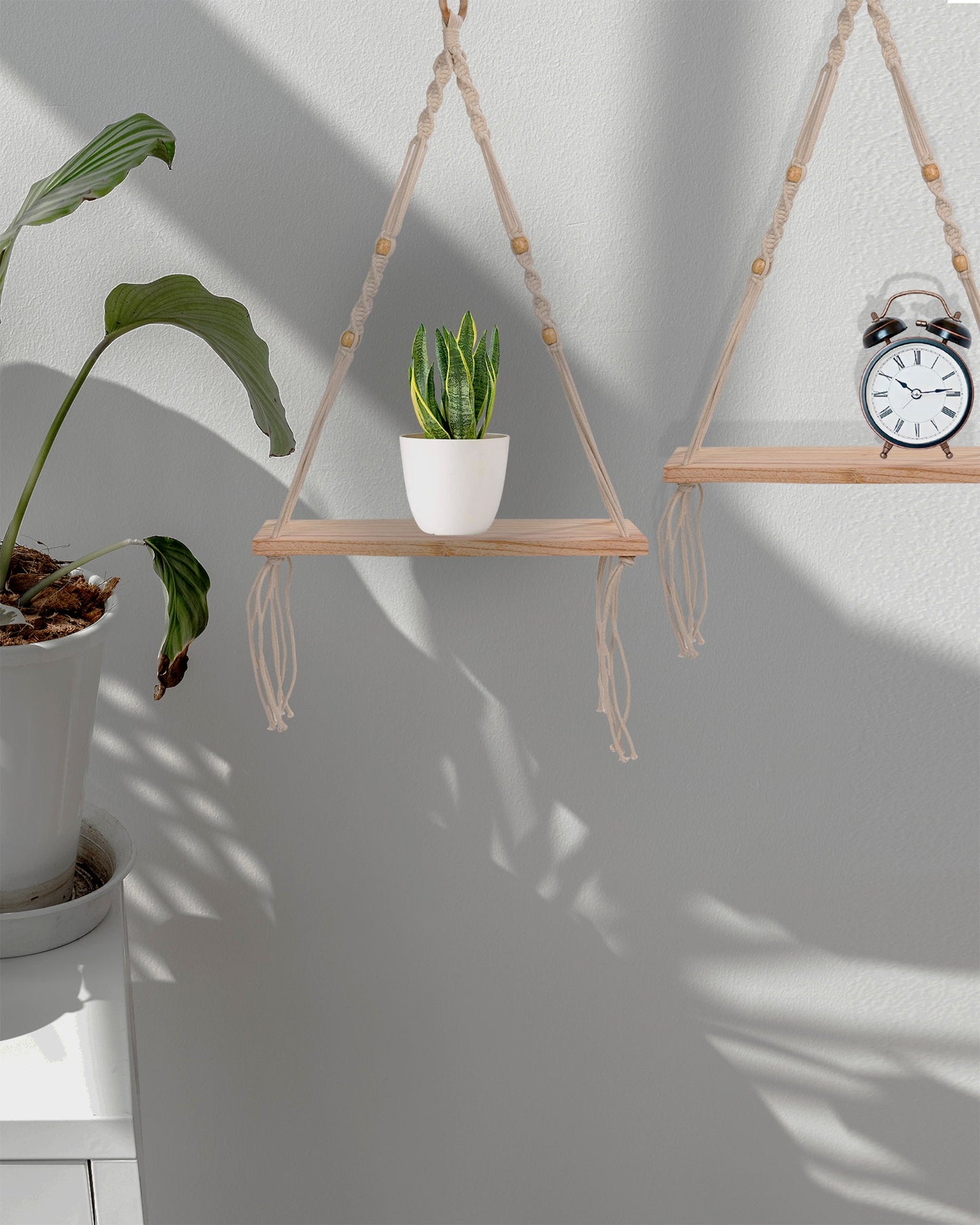 Homesake® Set Of 2 Beige Handmade Macrame Hanging 1-Tier Shelf Wall Decor, Home decor, bedroom ,living room, kitchen