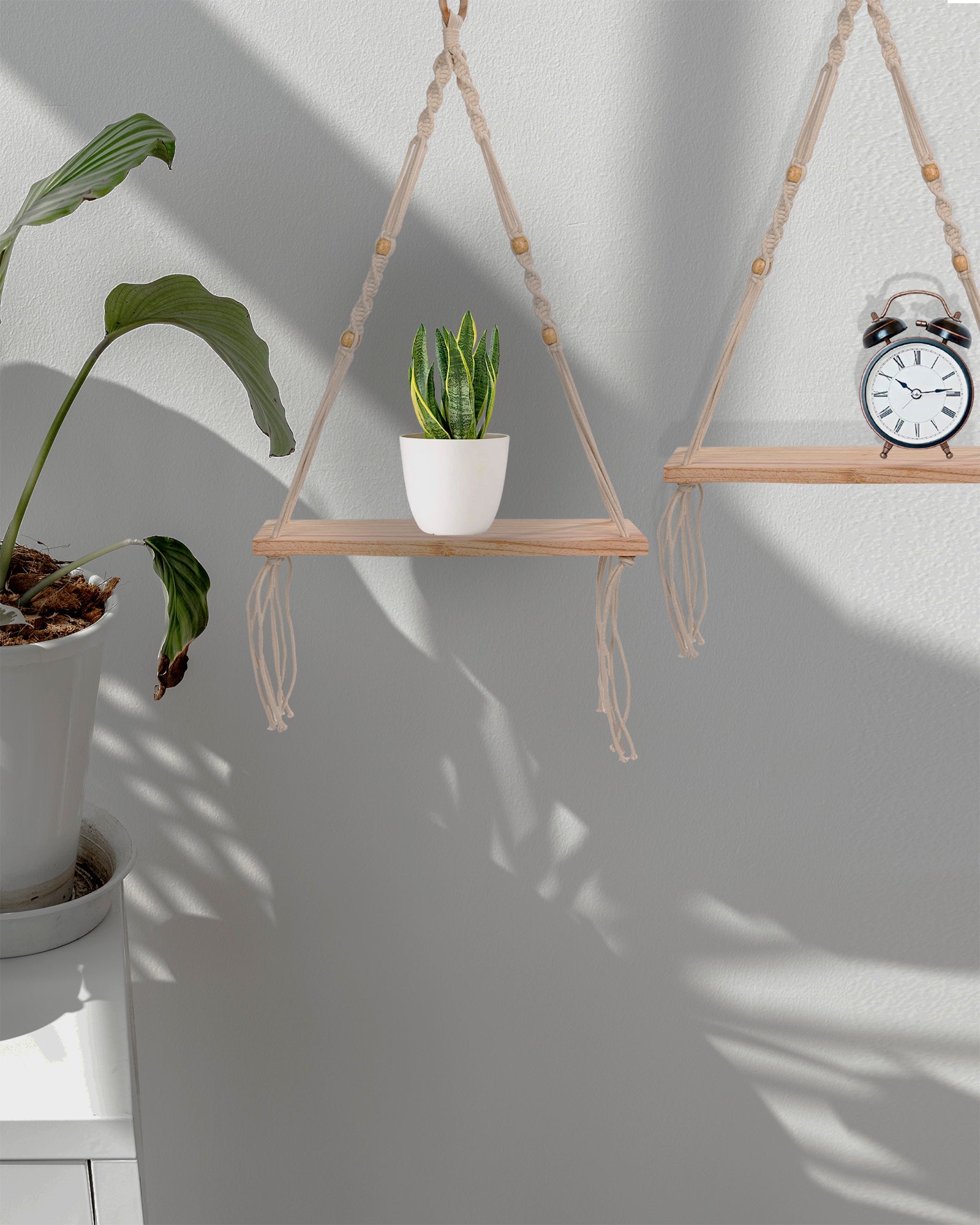 Homesake® Set Of 2 Beige Handmade Macrame Hanging 1-Tier Shelf Wall Decor, Home decor, bedroom ,living room, kitchen