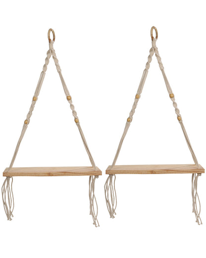 Homesake® Set Of 2 Beige Handmade Macrame Hanging 1-Tier Shelf Wall Decor, Home decor, bedroom ,living room, kitchen