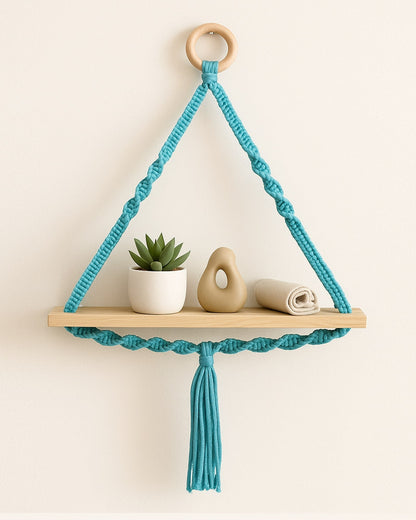 Triangle Macrame Wall Hanging Shelf Cotton Rope Natural Pine Wood Swing Triangle Floating Shelf Modern Boho Decor for Living Room 71 L x 40 W