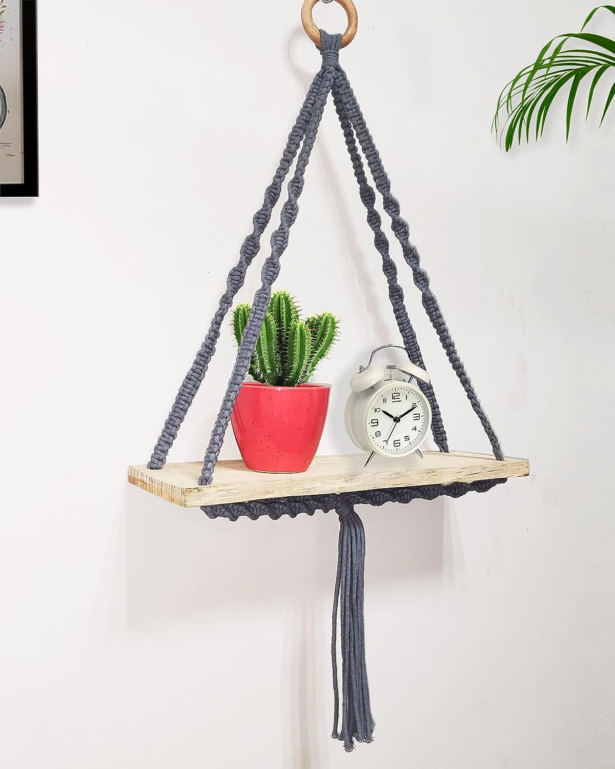 Triangle Macrame Wall Hanging Shelf Cotton Rope Natural Pine Wood Swing Triangle Floating Shelf Modern Boho Decor for Living Room 71 L x 40 W