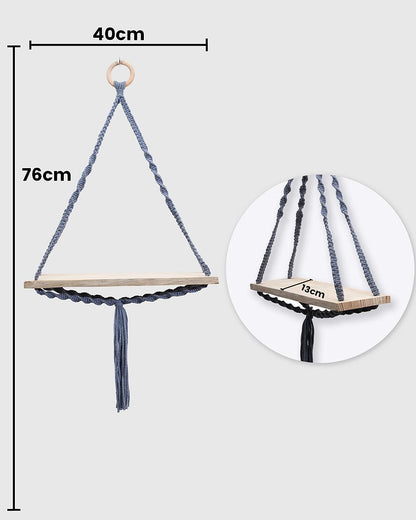 Triangle Macrame Wall Hanging Shelf Cotton Rope Natural Pine Wood Swing Triangle Floating Shelf Modern Boho Decor for Living Room 71 L x 40 W