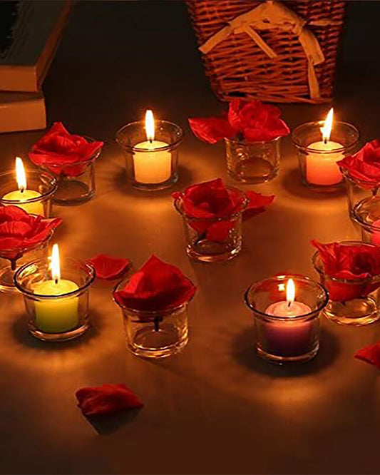 Homesake® Set of 12 Clear Collar Glass Tea Light Candle Holder, Elegant Glass Votive Holders for Diwali, Weddings, Dining Table, Living Room, Bedroom & Festive Decoration