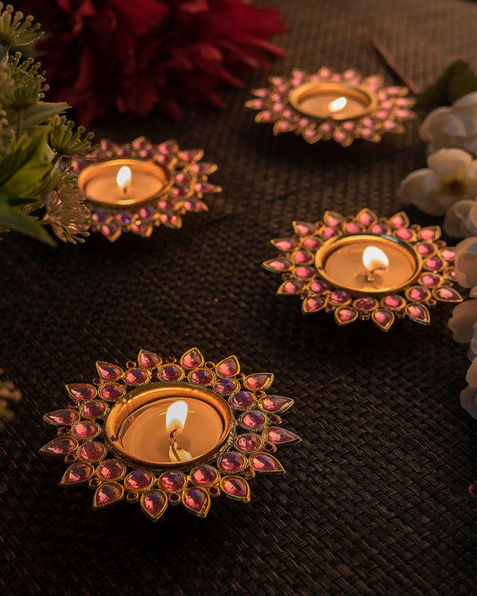 Crystal Diya with T-Light- Set of Four silver plates, candle holder stand with free candle