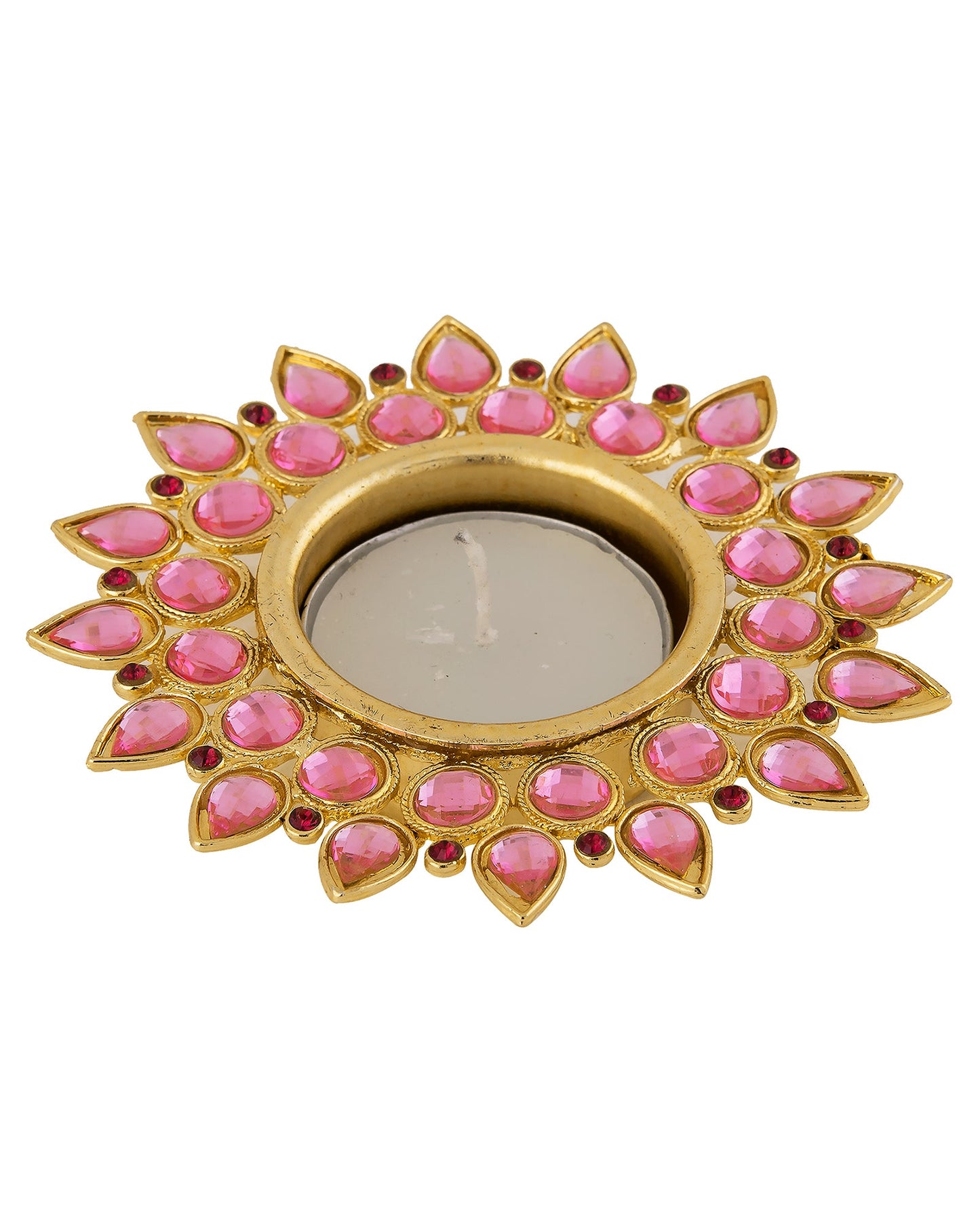 Crystal Diya with T-Light- Set of Four silver plates, candle holder stand with free candle