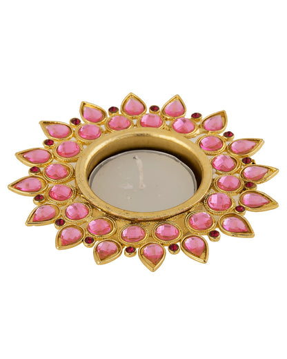 Crystal Diya with T-Light- Set of Four silver plates, candle holder stand with free candle