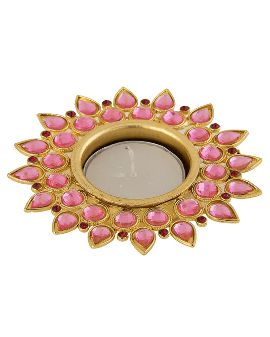 Crystal Diya with T-Light- Set of Four silver plates, candle holder stand with free candle