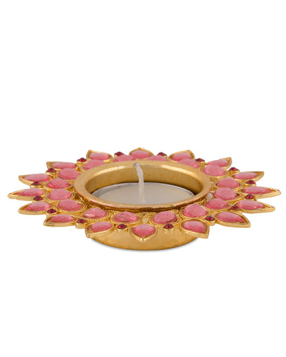 Crystal Diya with T-Light- Set of Four silver plates, candle holder stand with free candle