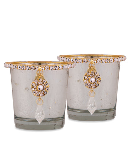 Silver Glass Votive with Jewel Ring and Dangler Silver