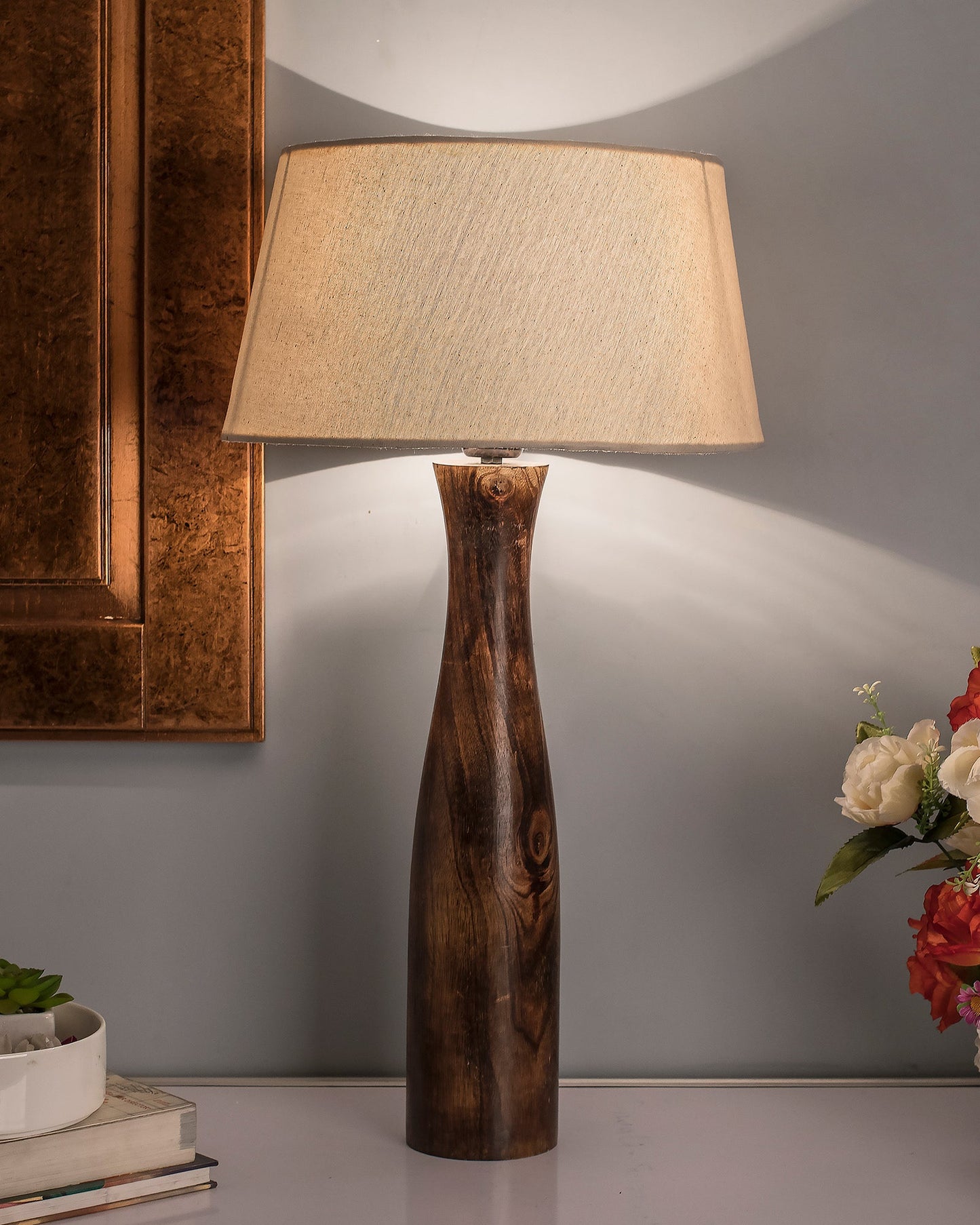 Antique Solid Timber Turned table lamp with Empire Drum Shade