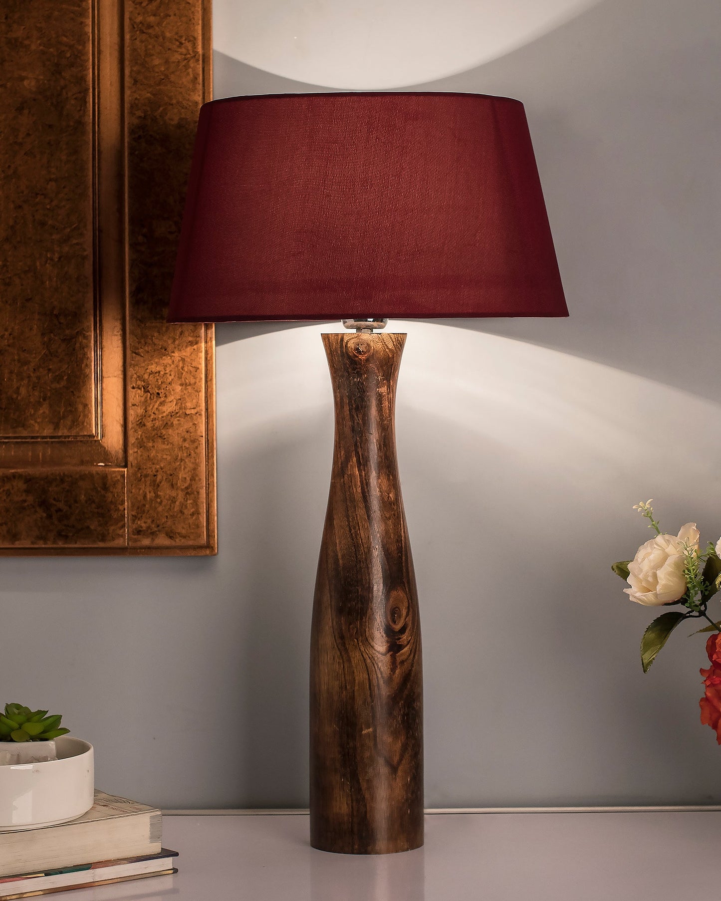 Antique Solid Timber Turned table lamp with Empire Drum Shade