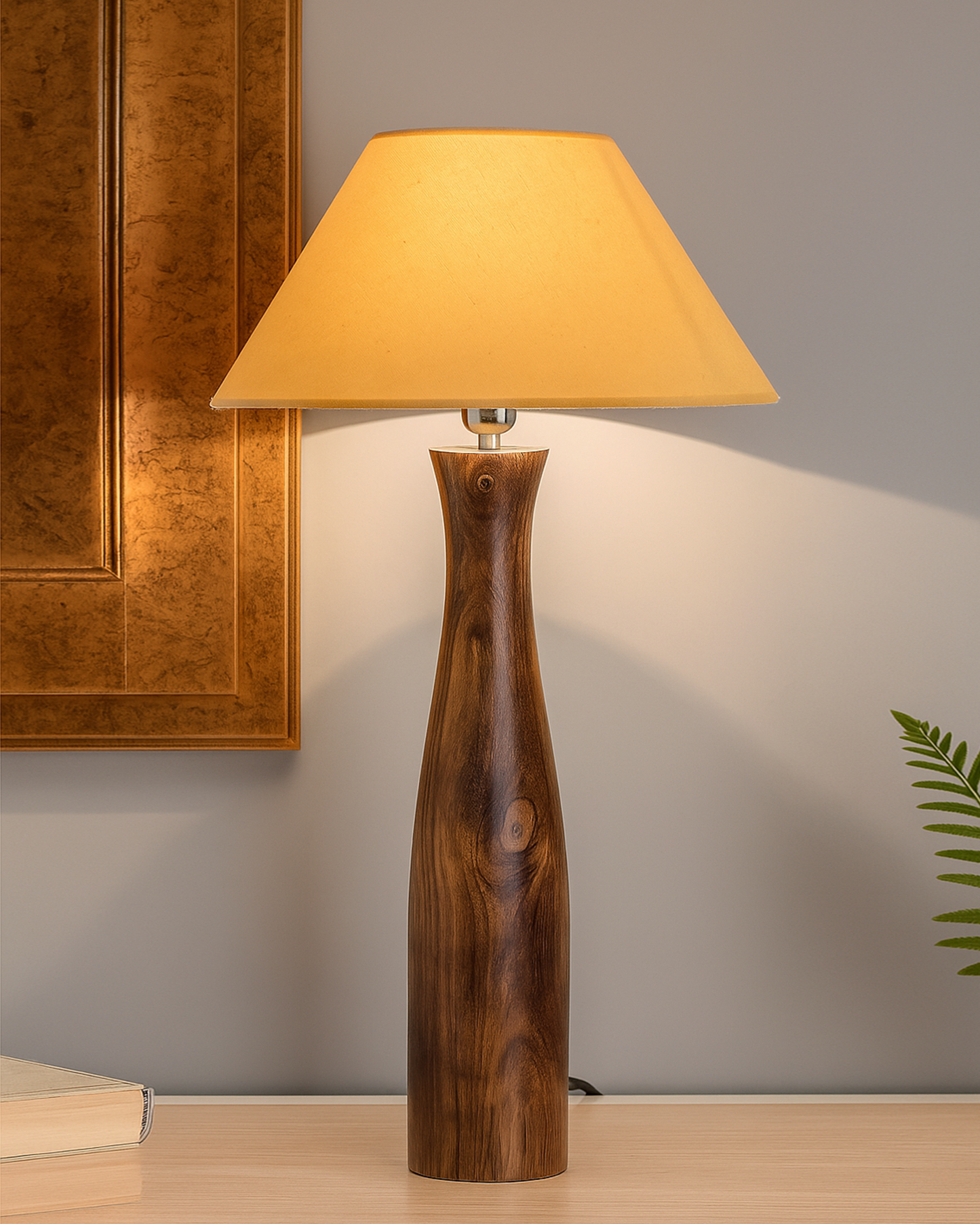 Antique Solid Timber Turned table lamp with Cone Shade