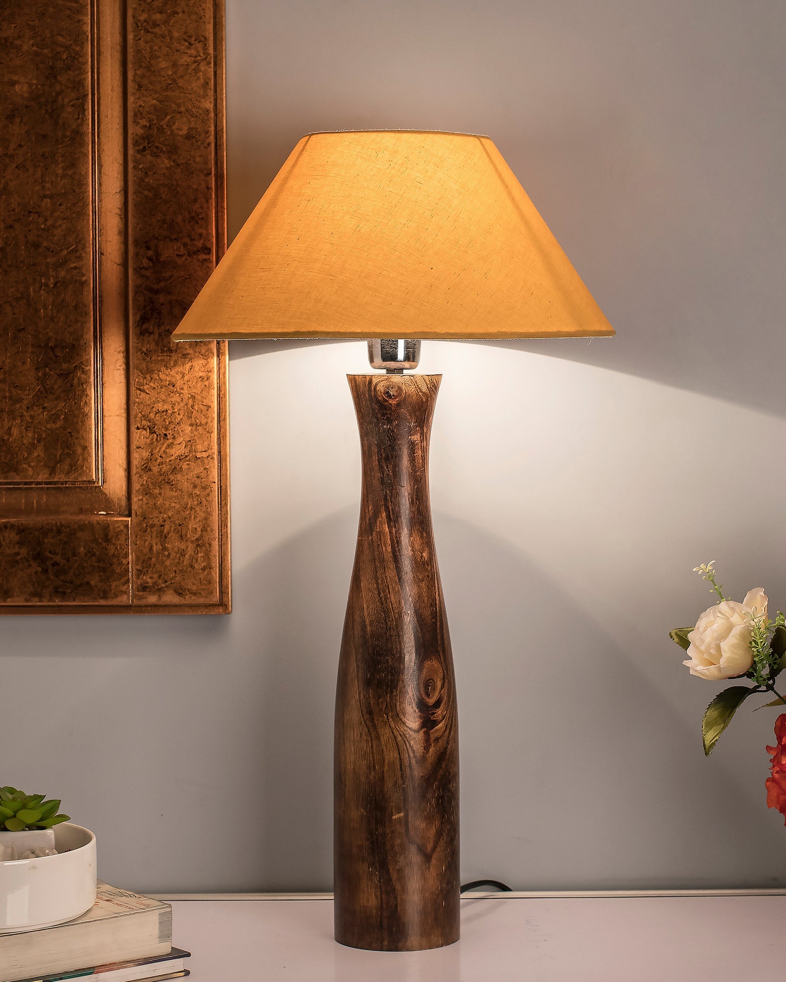 Antique Solid Timber Turned table lamp with Cone Shade