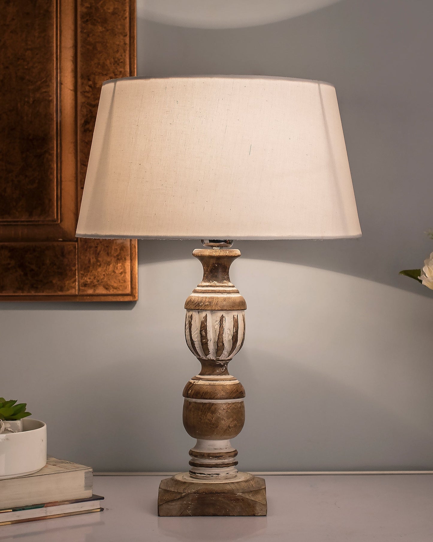 Antique White French Trophy Carved Table lamp with Empire Drum Shade