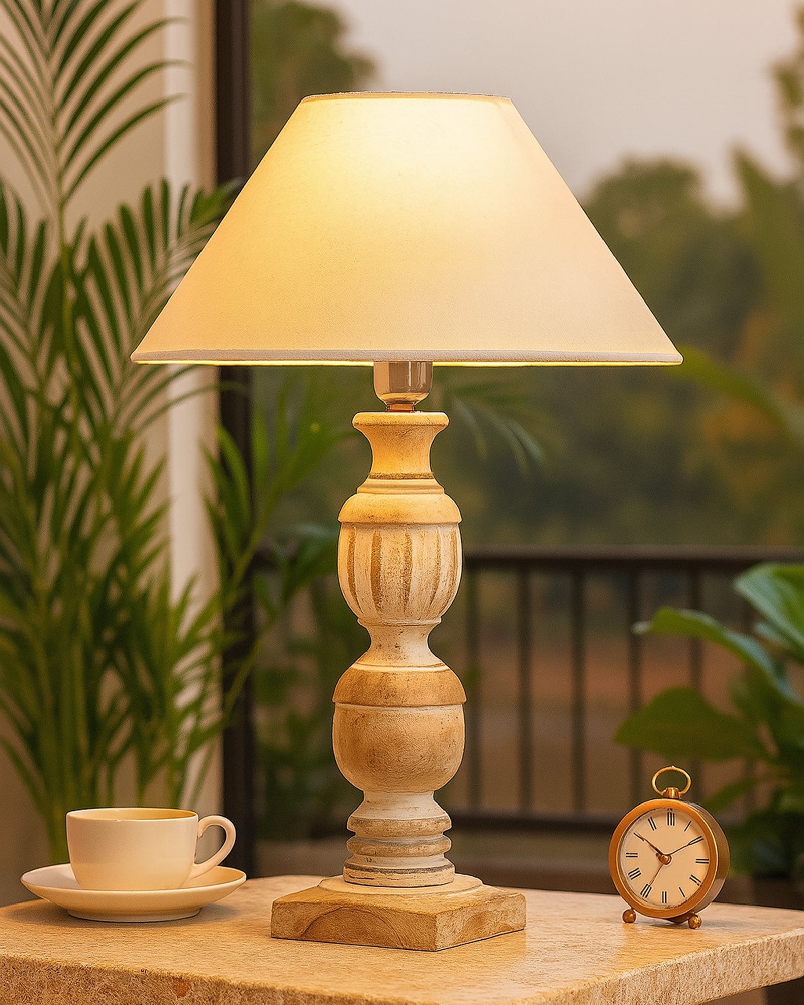 Antique White French Trophy Carved Table lamp with Cone Shade