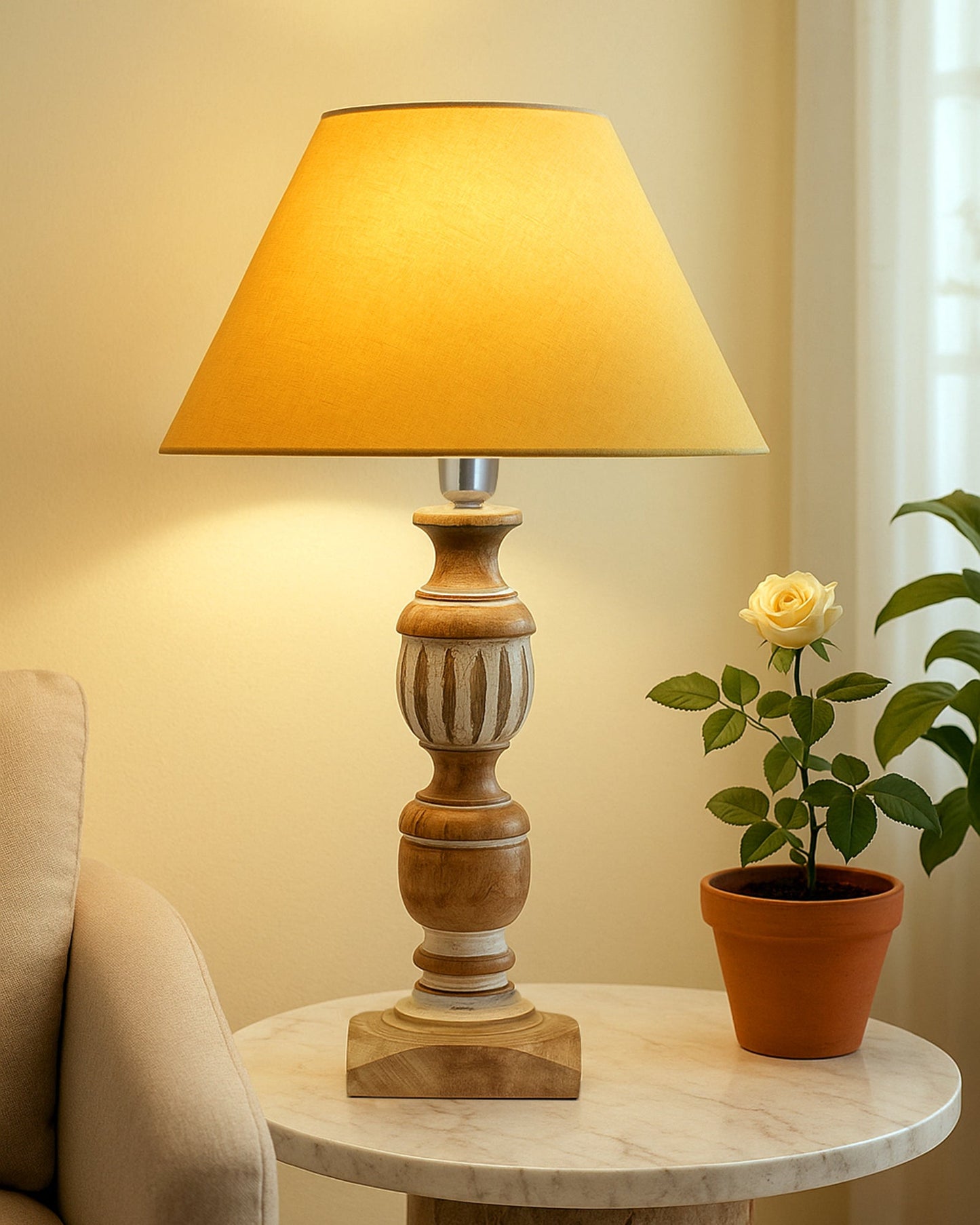 Antique White French Trophy Carved Table lamp with Cone Shade