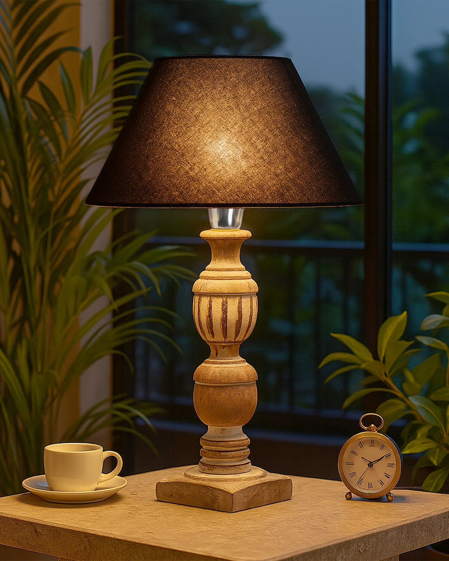 Antique White French Trophy Carved Table lamp with Cone Shade