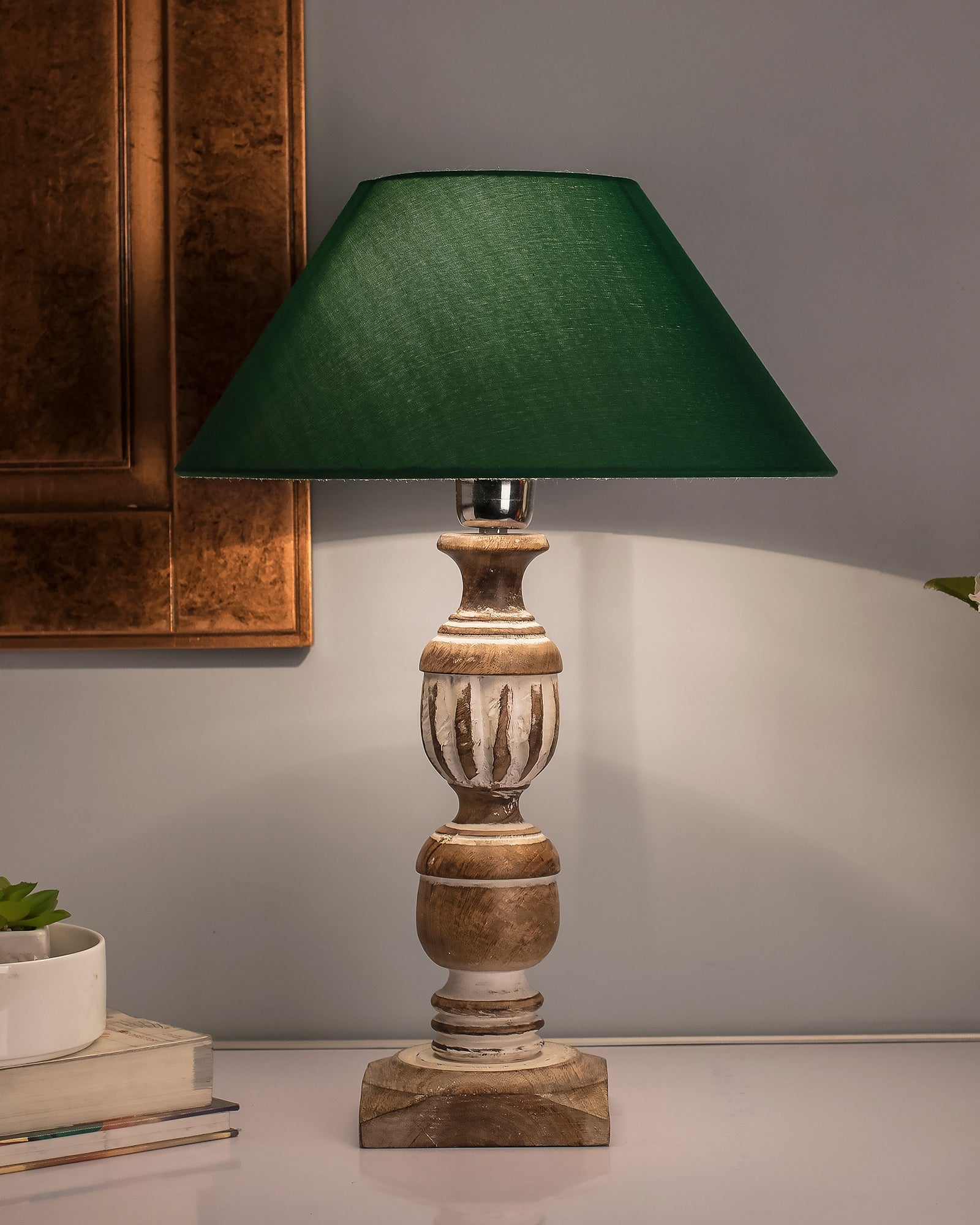 Antique White French Trophy Carved Table lamp with Cone Shade