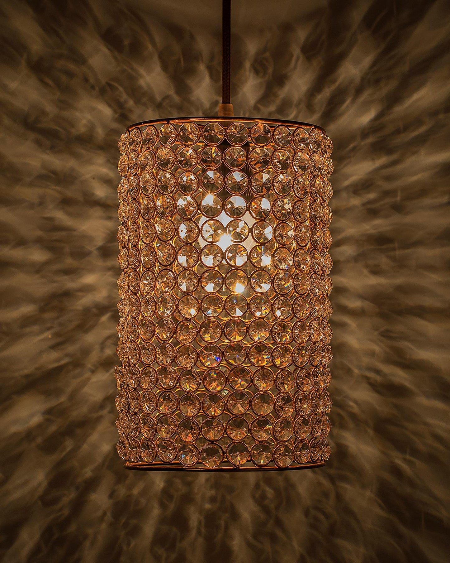 Crystal Hanging Copper Barrel Pendant, Rose Gold, Hanging Ceiling Light, Large