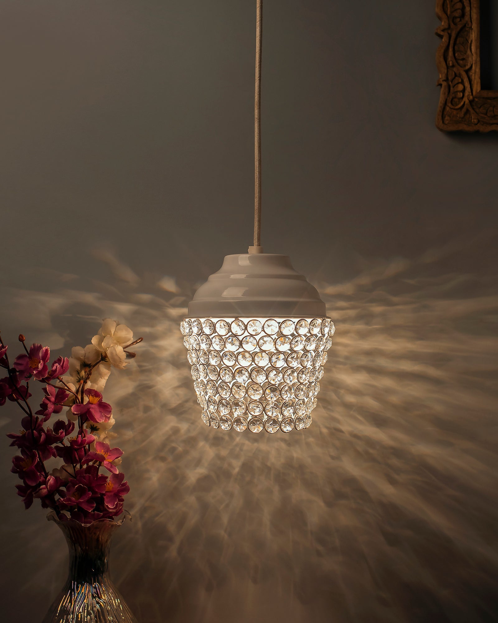 Matt White Crystal Hanging Lantern Light, Ceiling Light, Nordic E27 Pendant
