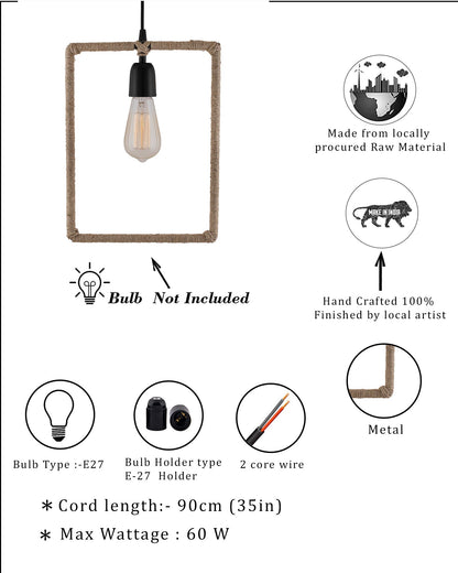 Modern Metal Pendant Lights Hemp Rope Decor Hanging Lamp E27 Loft Ceiling Light with filament bulb, Rectangle