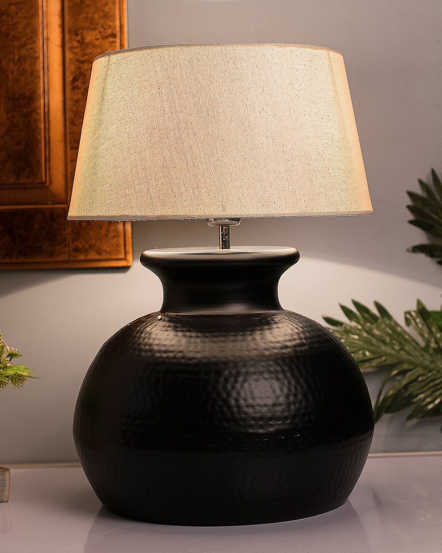 Matt Black Hammered Pitcher Table Lamp with Drum Shade