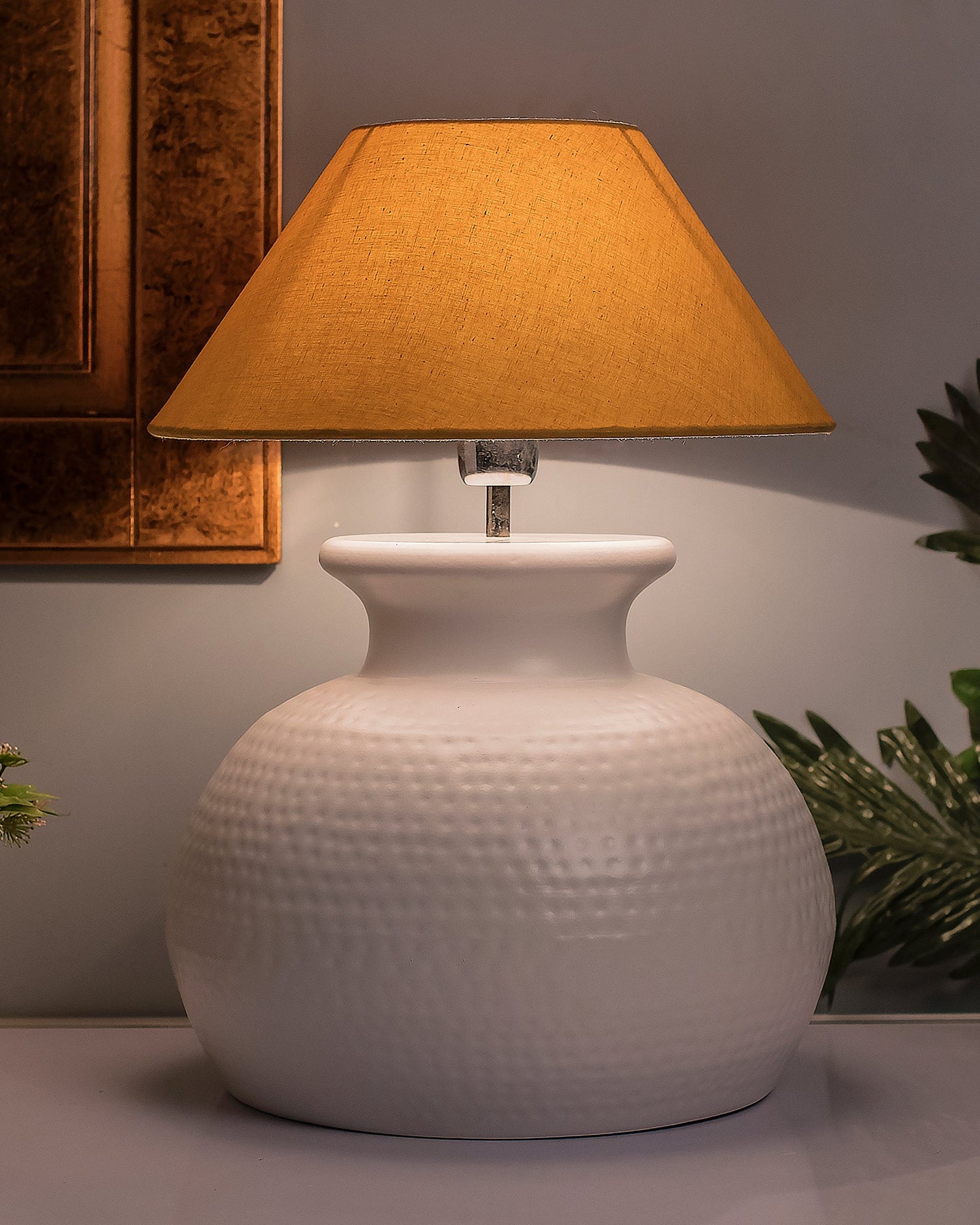 Matt White Hammered Pitcher Table Lamp with Cone Shade