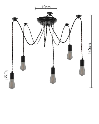 Spider Chandelier Lamp, Vintage Edison Style E 27 Adjustable DIY Ceiling Pendant Light, E27 Rustic Cluster Hanging Light(1.25 M, Black Twisted Wire)