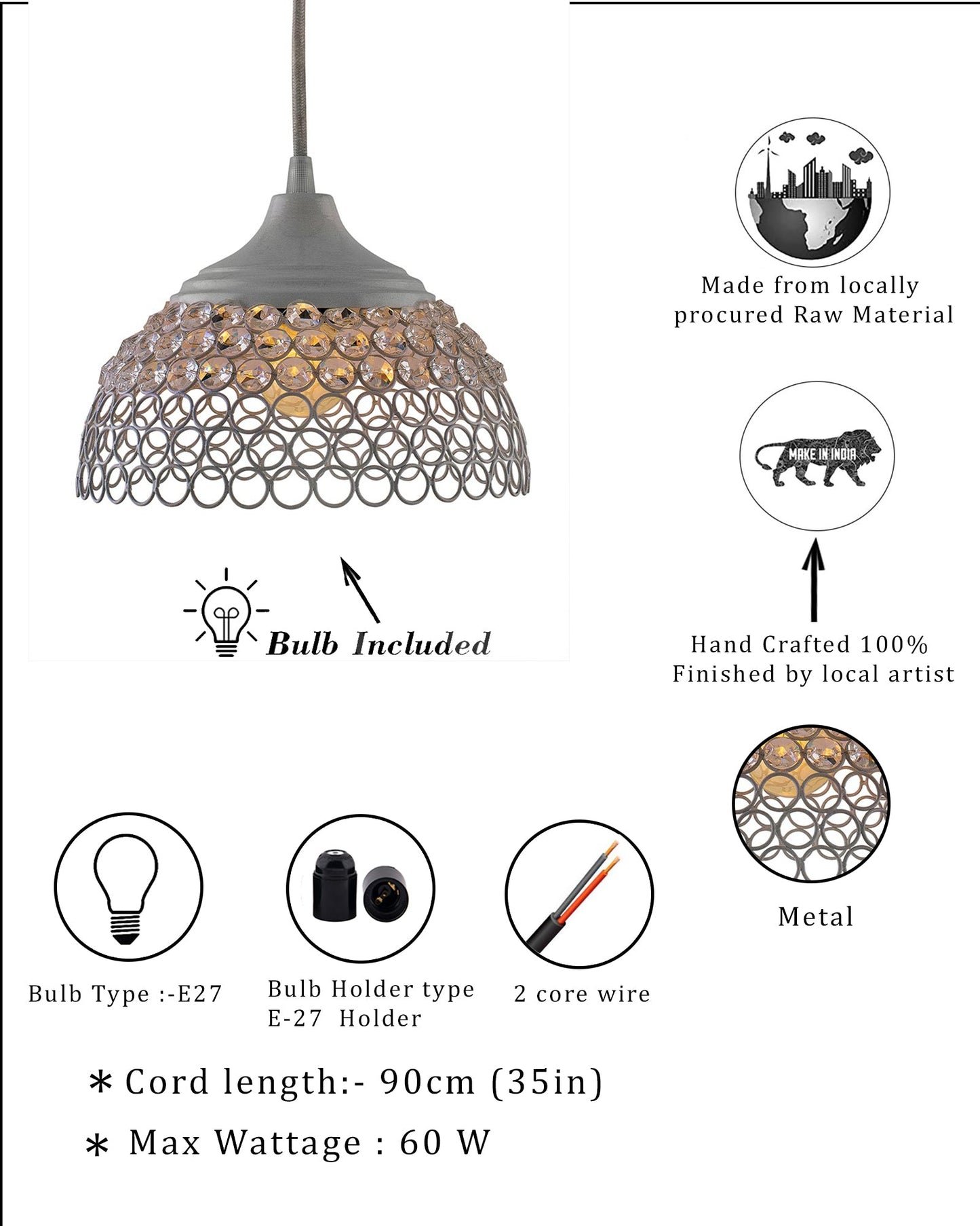 White Crystal Hanging Hemisphere Light, Ceiling Light, Nordic E27 Pendant