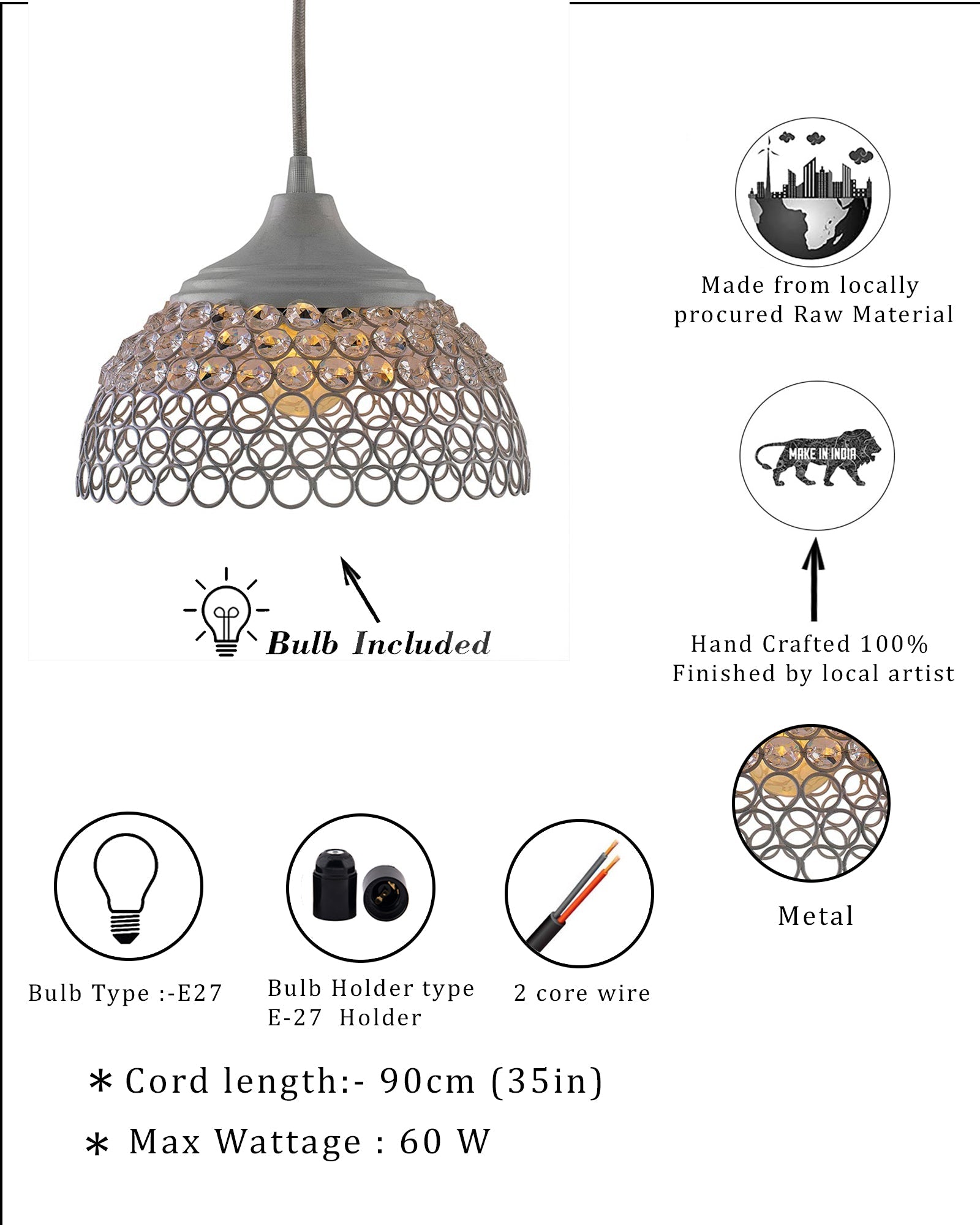 White Crystal Hanging Hemisphere Light, Ceiling Light, Nordic E27 Pendant