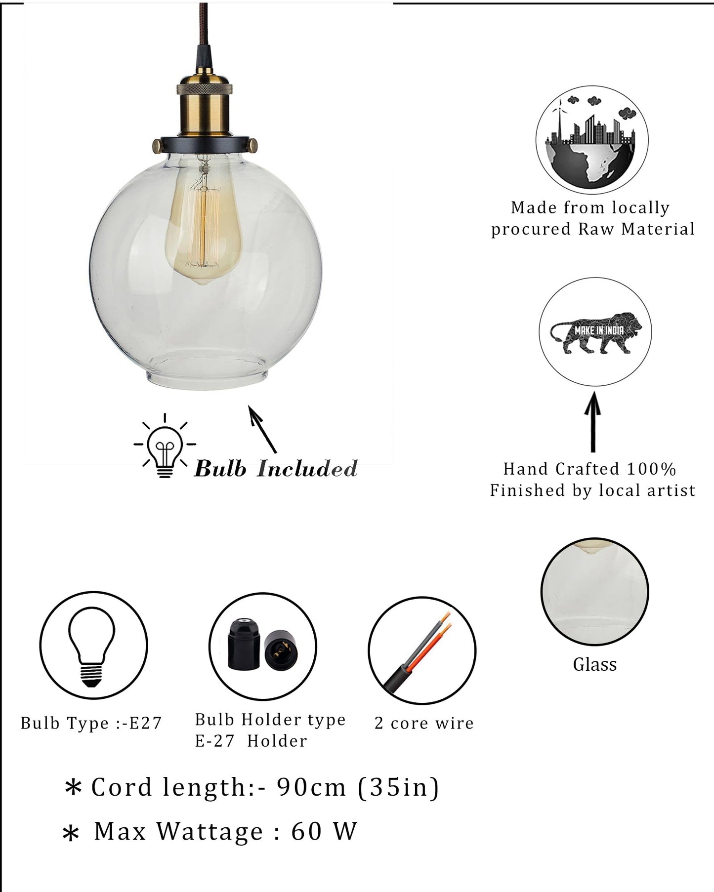 Industrial Kitchen Glass Globe Pendant Light , Antique Filament Hanging Ceiling Fixture