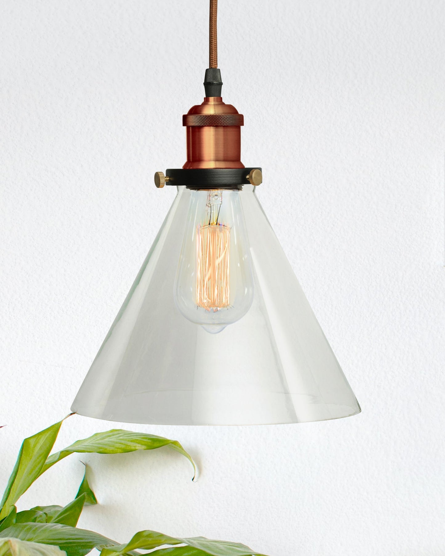 Homesake® Vintage Industrial Pendant Light, Clear Glass Shade, Cone Pendant Light, Antique Brass Finish, Retro Style Ceiling Lamp for Kitchen, Dining Room, Living Room, Bedroom (Rose Gold) (Cone)