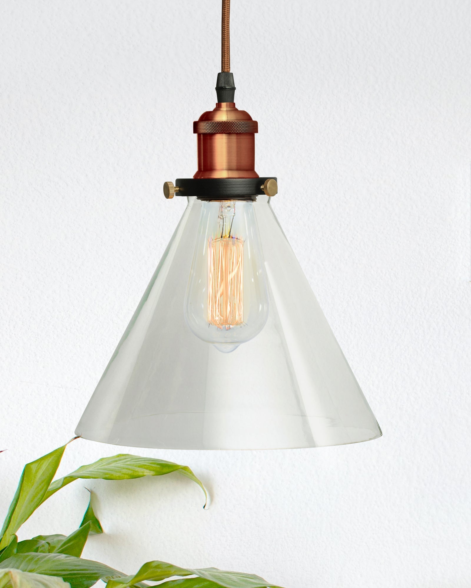 Homesake® Vintage Industrial Pendant Light, Clear Glass Shade, Cone Pendant Light, Antique Brass Finish, Retro Style Ceiling Lamp for Kitchen, Dining Room, Living Room, Bedroom (Rose Gold) (Cone)