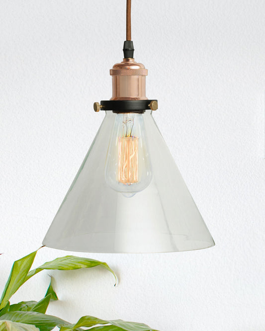 Homesake® Vintage Industrial Pendant Light, Clear Glass Shade, Cone Pendant Light, Antique Brass Finish, Retro Style Ceiling Lamp for Kitchen, Dining Room, Living Room, Bedroom (Rose Gold) (Cone)