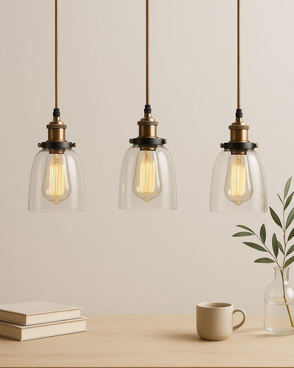 3-Lights Linear Cluster Chandelier Modern Bell Glass Shade Hanging Light, Antique  Socket, E27 Holder, Decorative, Black, URBAN Retro, Nordic Style