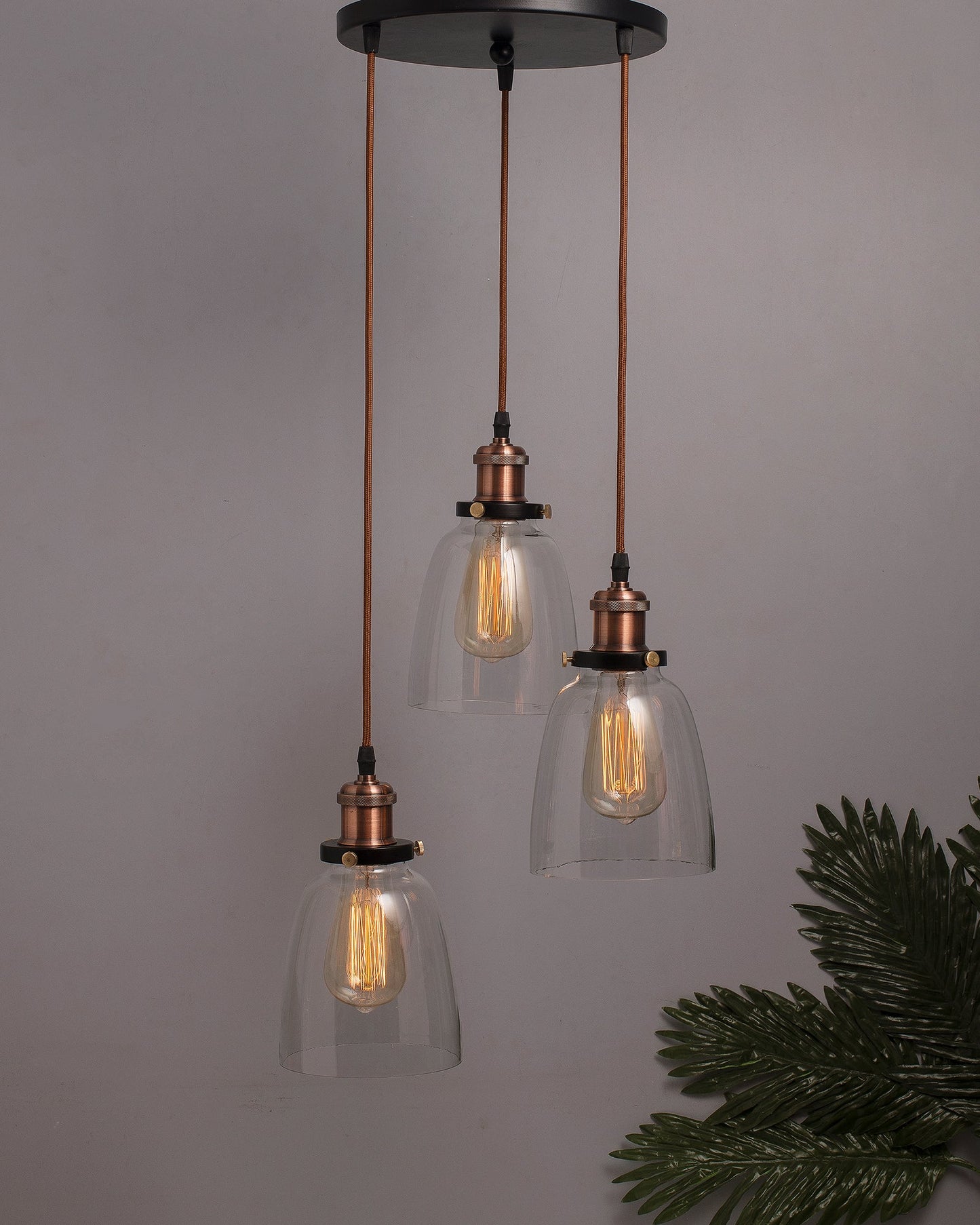 3-Lights Round Cluster Chandelier Modern Bell Glass Shade Hanging Light, Antique Socket, E27 Holder, Decorative, Copper, URBAN Retro, Nordic Style