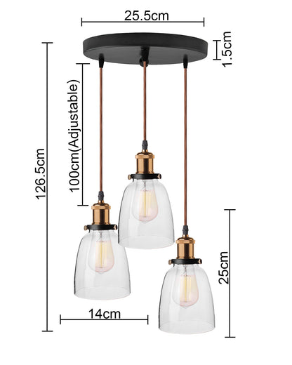 3-Lights Round Cluster Chandelier Modern Bell Glass Shade Hanging Light, Antique Socket, E27 Holder, Decorative, Copper, URBAN Retro, Nordic Style