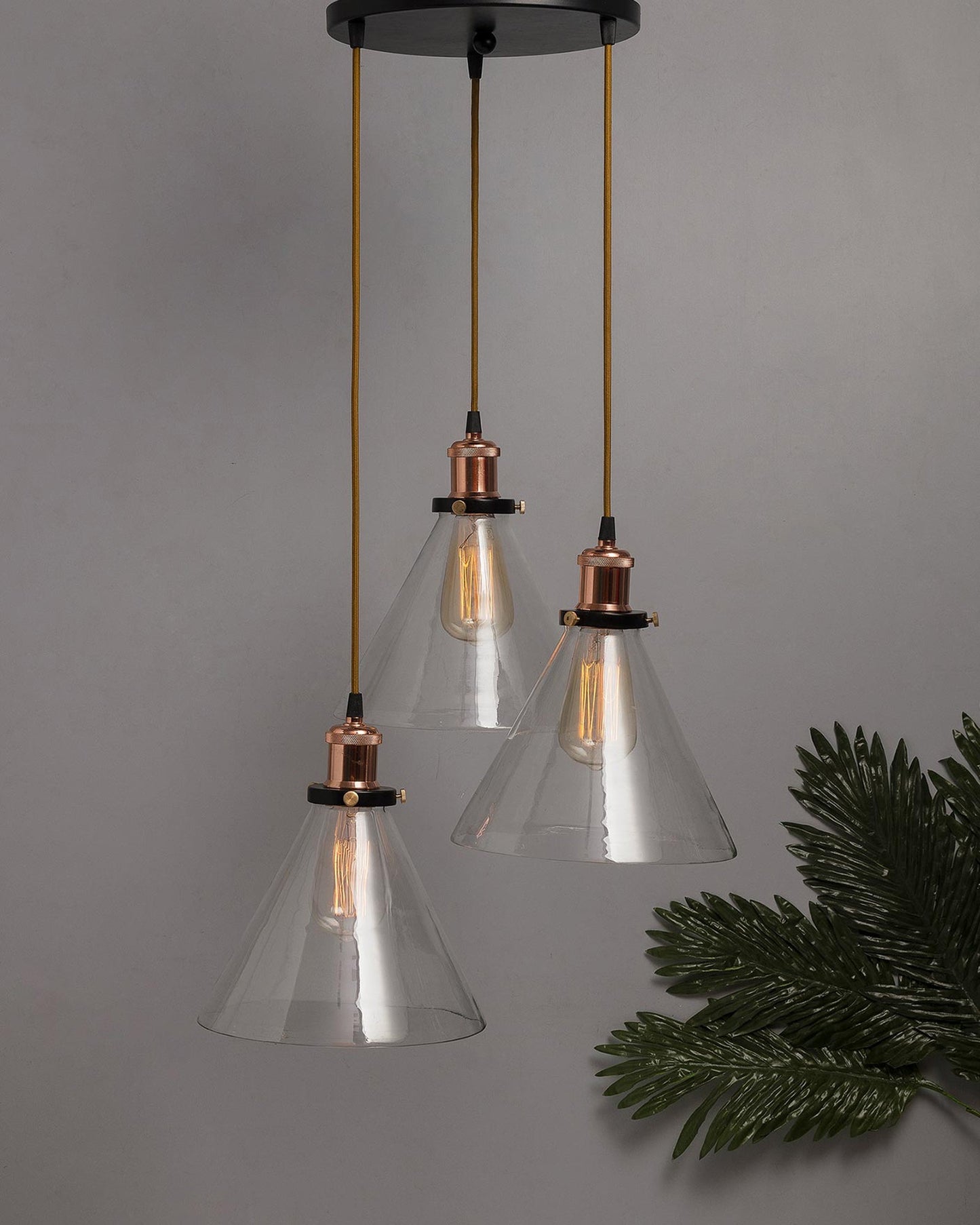 3-Lights Round Cluster Chandelier Modern Glass Cone Shaped Hanging Light, Antique Socket, E27 Holder, Decorative, Copper, URBAN Retro, Nordic Style
