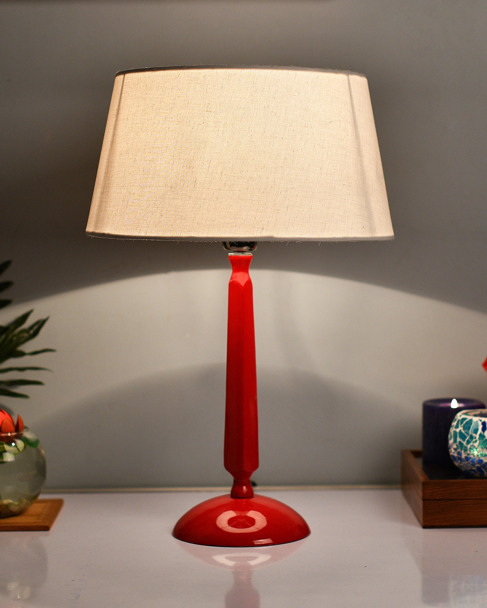 Glossy Red Cubist Aluminium Table Lamp With Cone Shade, Bedside, Living Room Study Lamp, Bulb Included