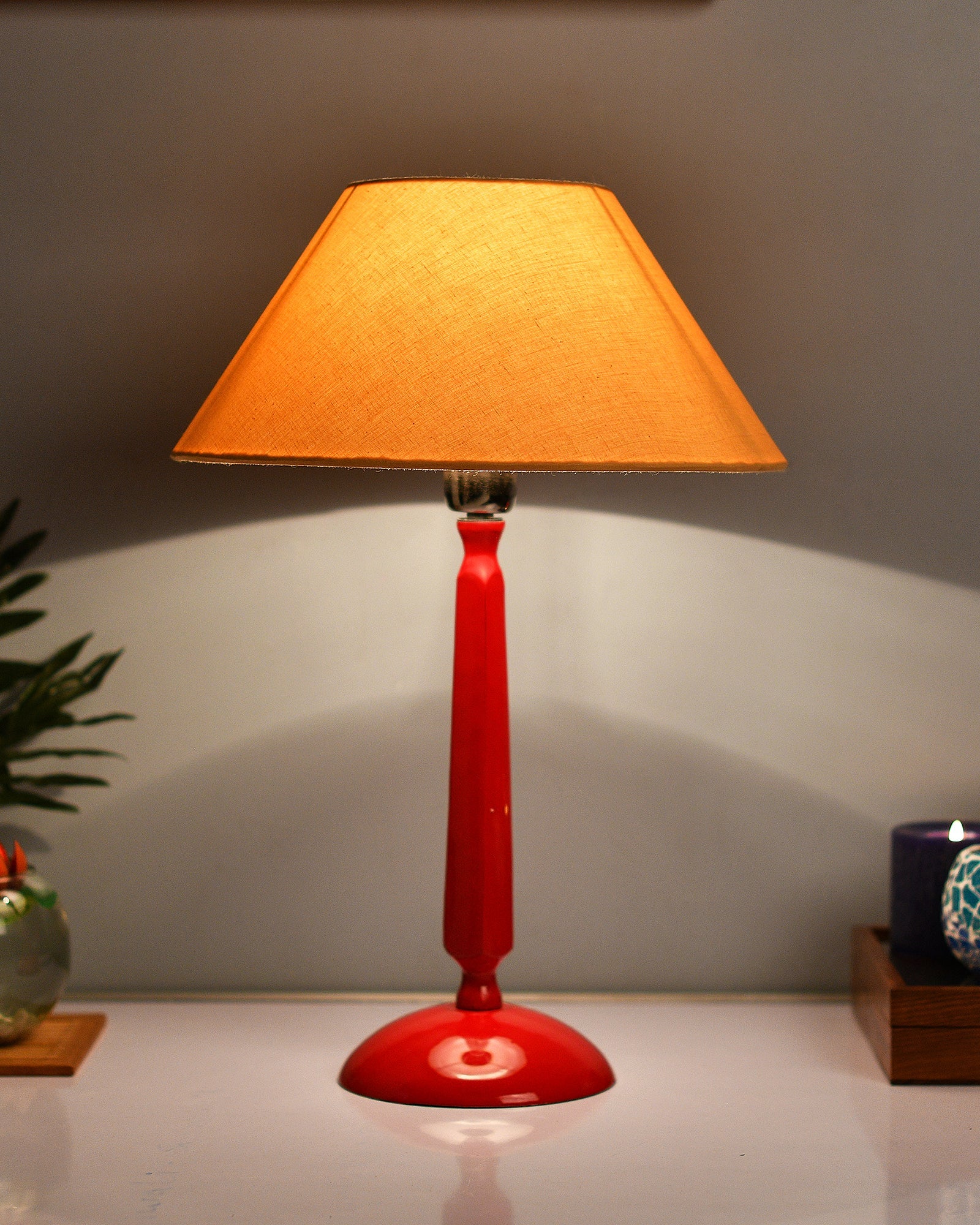 Glossy Red Cubist Aluminium Table Lamp With Cone Shade, Bedside, Living Room Study Lamp, Bulb Included