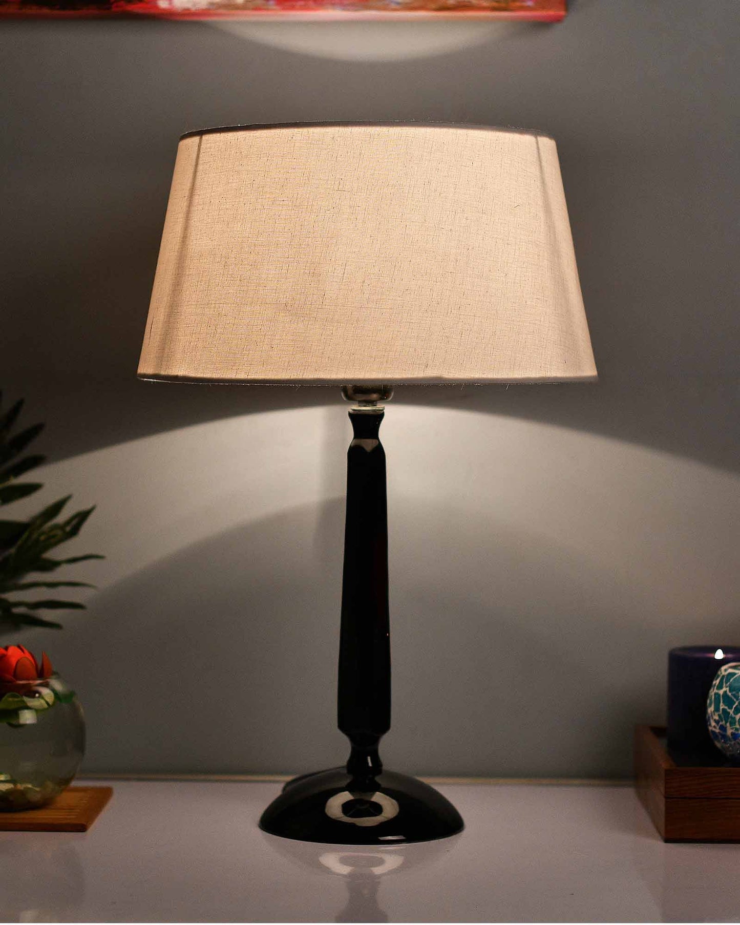 Glossy Black Cubist Aluminium Table Lamp With Drum Shade, Bedside, Living Room Study Lamp, Bulb Included