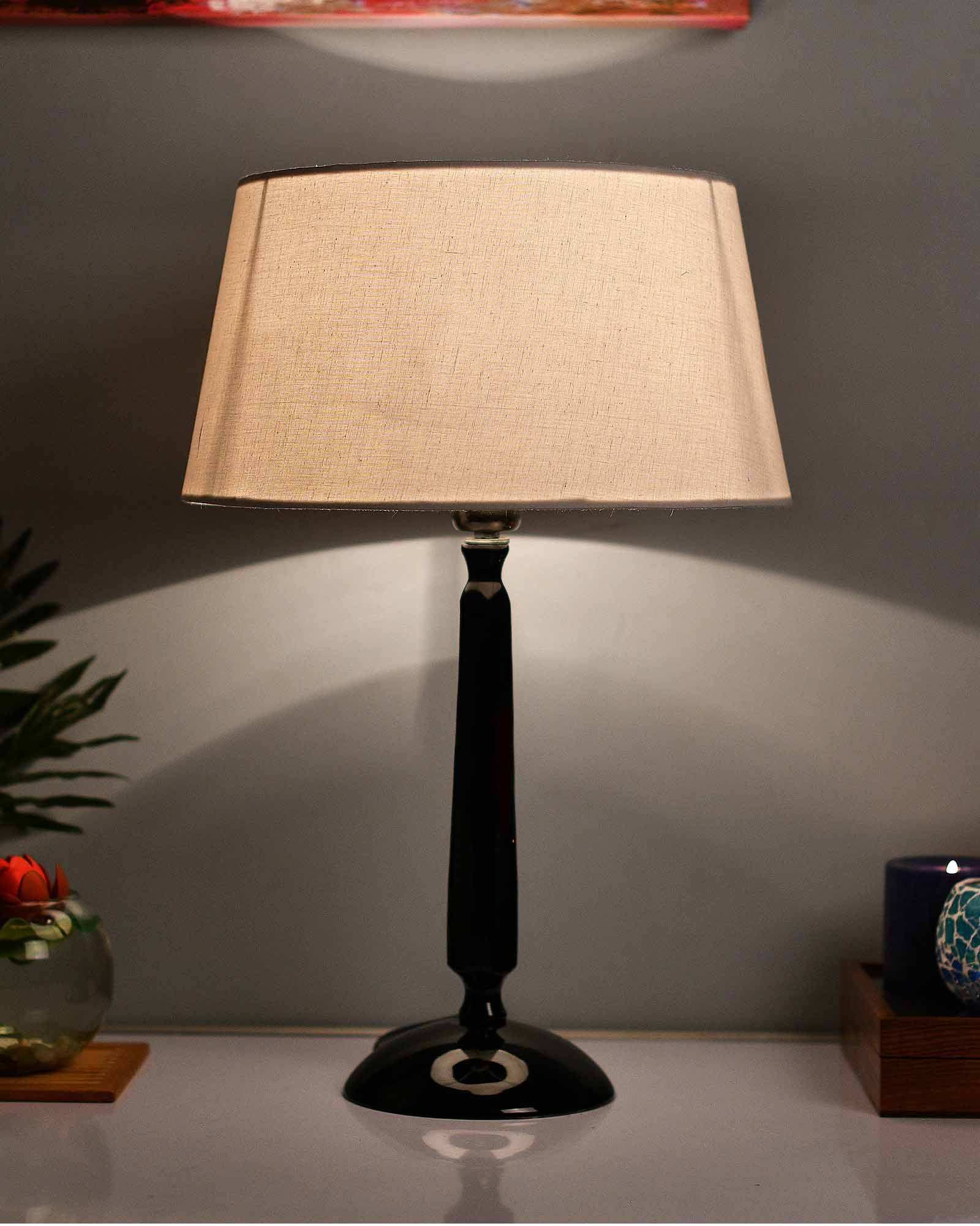Glossy Black Cubist Aluminium Table Lamp With Drum Shade, Bedside, Living Room Study Lamp, Bulb Included