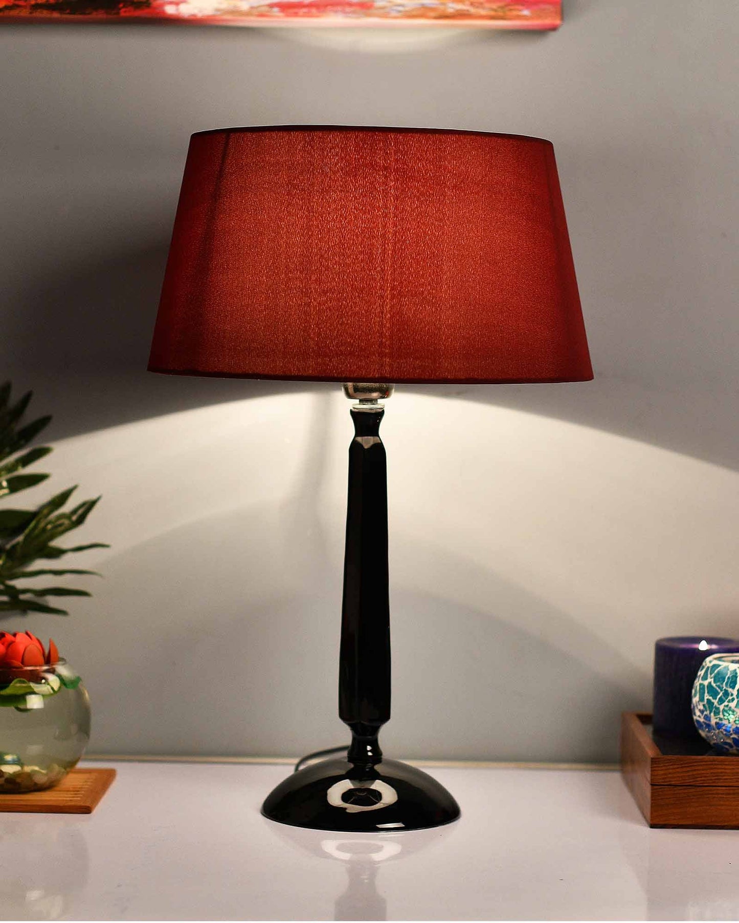 Glossy Black Cubist Aluminium Table Lamp With Drum Shade, Bedside, Living Room Study Lamp, Bulb Included