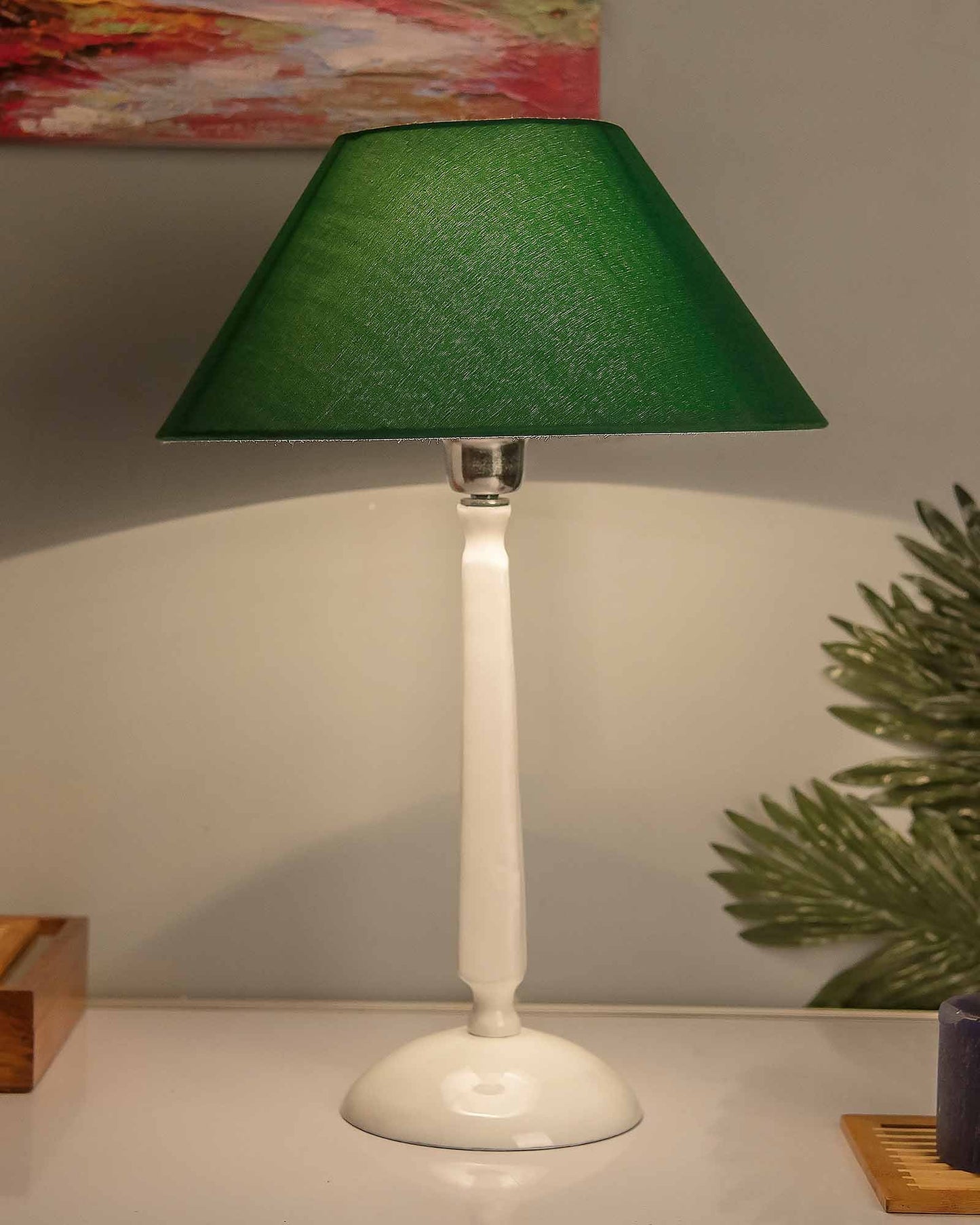 Glossy White Cubist Aluminium Table Lamp WithCone Shade, Bedside, Living Room Study Lamp, Bulb Included