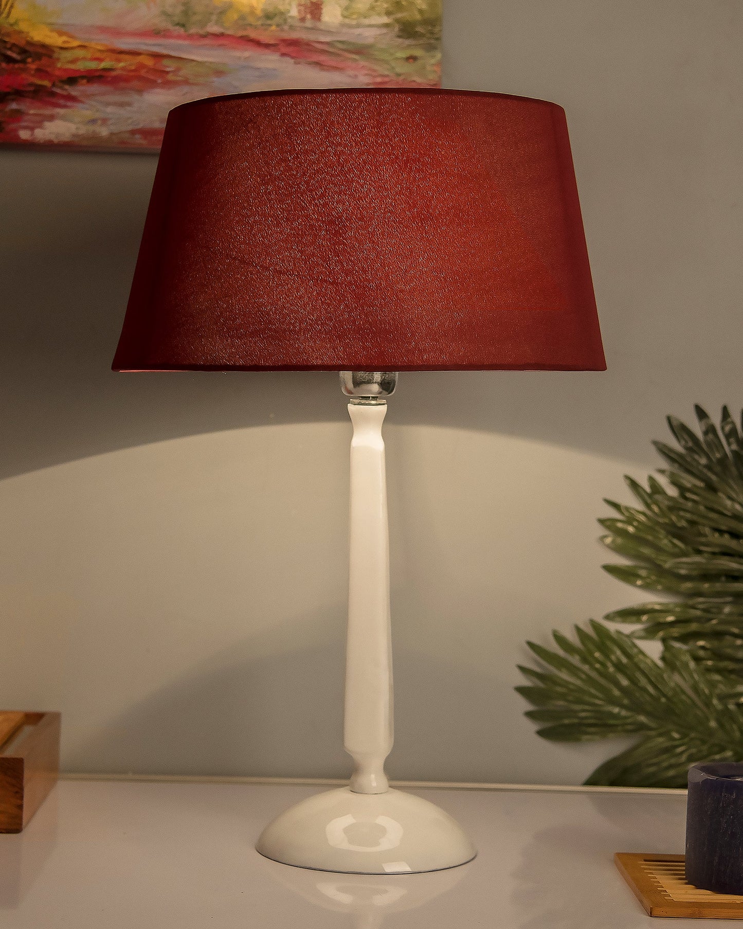 Glossy White Cubist Aluminium Table Lamp WithCone Shade, Bedside, Living Room Study Lamp, Bulb Included