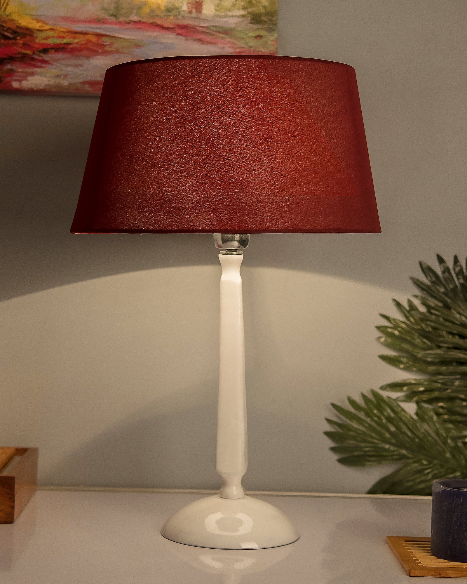 Glossy White Cubist Aluminium Table Lamp WithCone Shade, Bedside, Living Room Study Lamp, Bulb Included