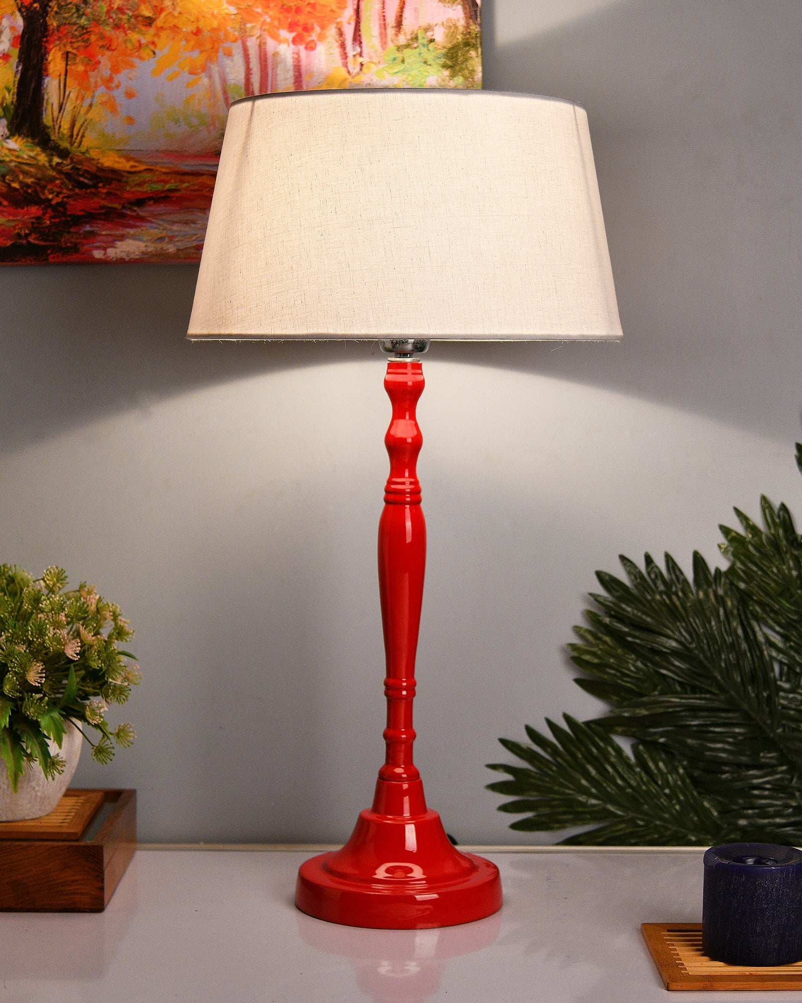 Glossy Red Imperial Aluminium Table Lamp With Cone Shade, Bedside, Living Room Study Lamp, Bulb Included